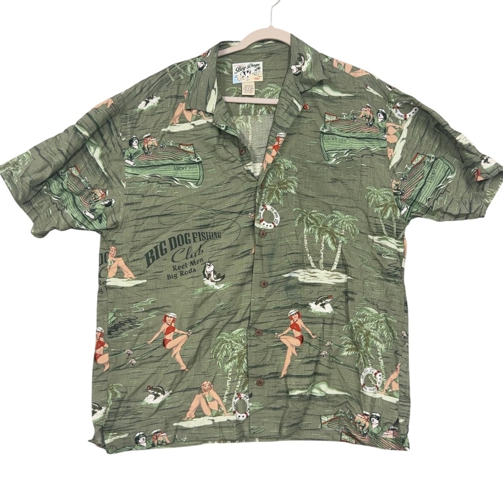 Big Dogs Shirt Mens Medium Green Fishing Pinup Novelty Hawaiian Button Up Rayon